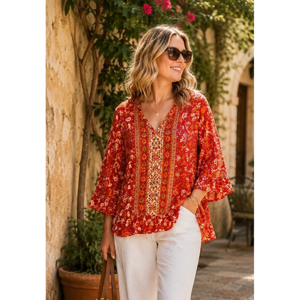 Rachel Zoe 2X Boho Floral‎ Boho  Blouse Bell Sleeve Ruffle Hem Split Neck Top